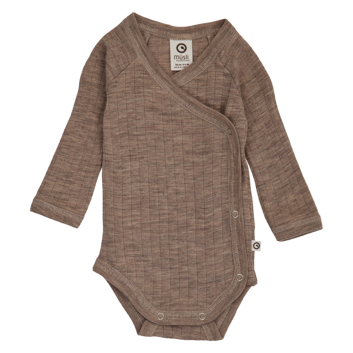 Müsli Woolly Rib Wrap Body Walnut Melange - Newborn Romper 1
