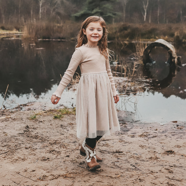 Your Wishes Rib Knit Tule Dress - Jurk - Beige 2